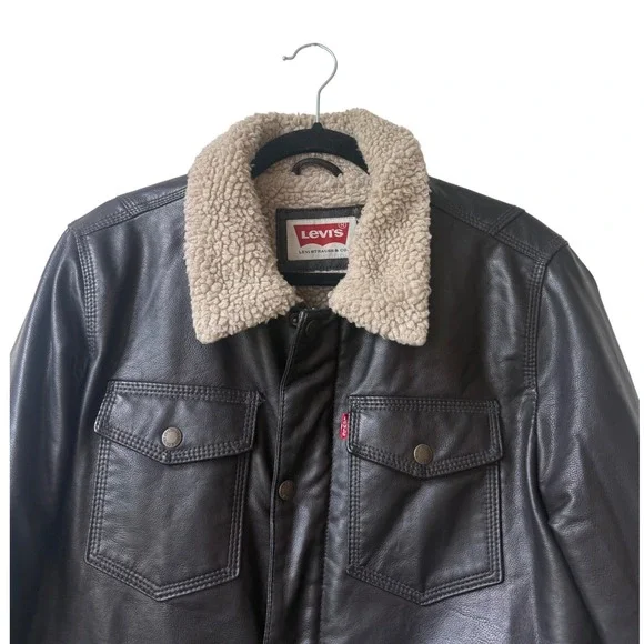 Levis Mens Black Faux Leather Sherpa Trucker Jacket Size S Bomber Full Zip - Picture 3 of 13